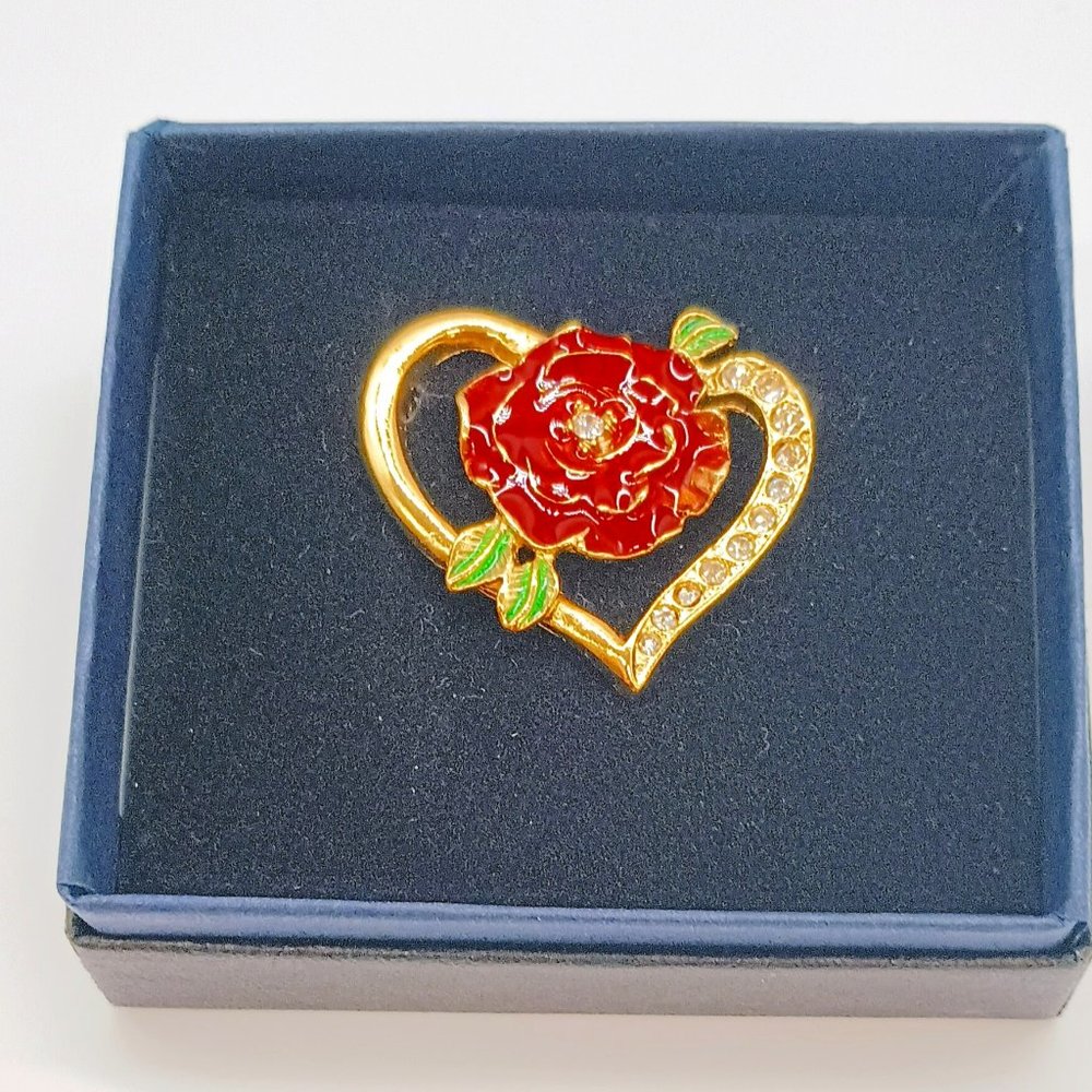 Open Heart Enamel Rose Brooch Gold-tone Red Floral Pin with Rhinestones